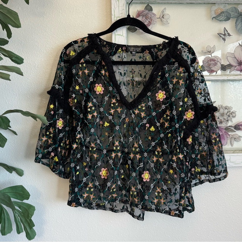 Topshop Black Floral Lace V Neck Peplum Blouse US 2